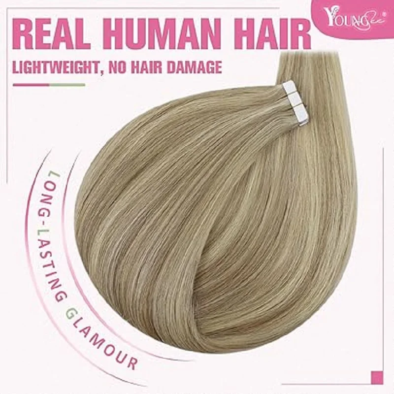 [Highlight Color] YoungSee Tape in Hair Extensions Human Hair Silky Straight Skin Weft Adhesive Tape on Hair 12-24inch