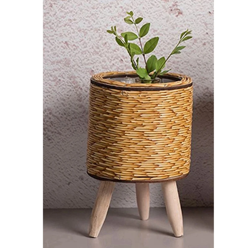 2X Vintage Imitation Rattan Woven Flower Shelf Planters Handmade Basket With Wooden Legs Plant Pot Stand Holder,E