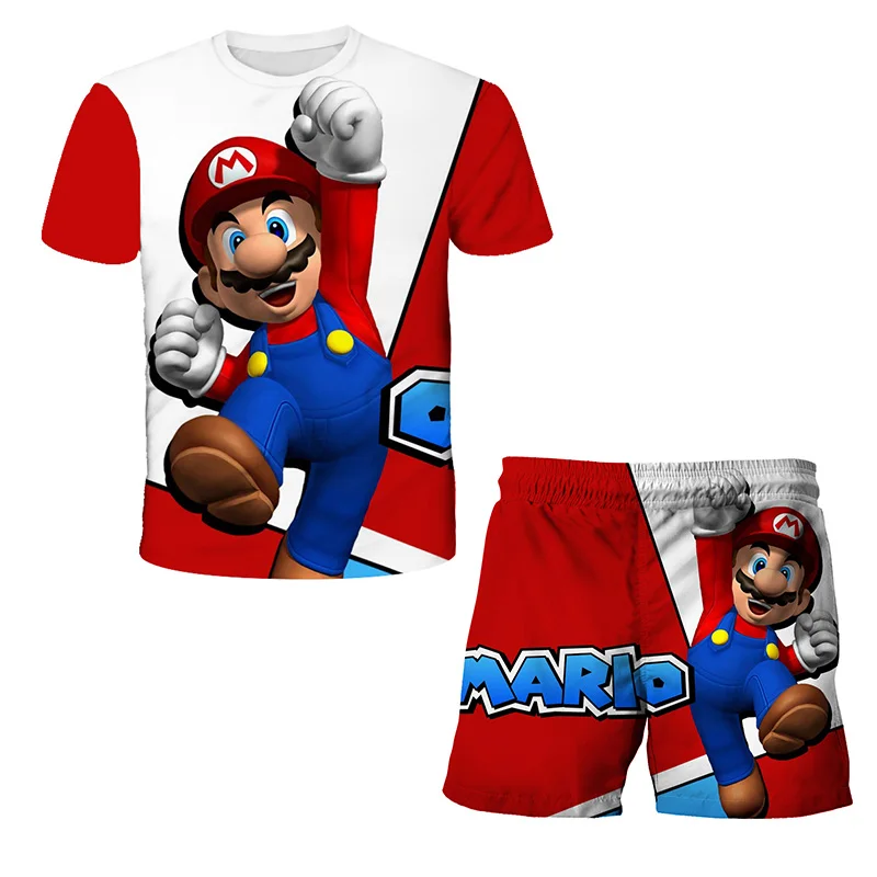 Camiseta con estampado 3D de Super Mario para niños, traje informal, tops de ventilación, pantalones cortos