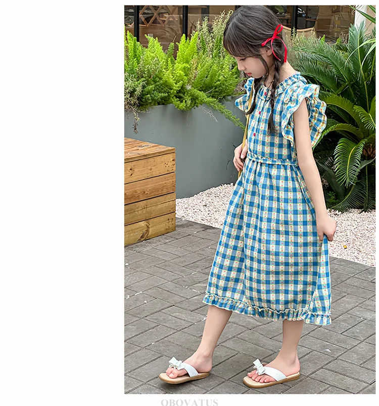 Preppy-Stil Kinder Babyblau Kariertes Kleid mit Blütenärmeln für Mädchen A-Linien-Schulkleider für Teenager Neue Sommerkleidung – Detail 3