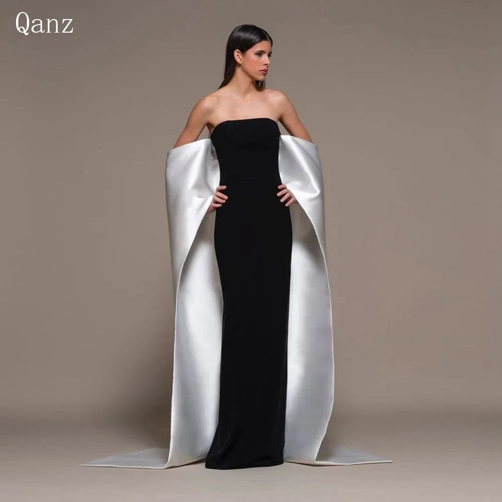 

Qanz Off Shoulder Prom Dress Elegant Long Cape Evening Dress Mermaid فستان سهرة Gentle Black Satin Party Dresses Robes De Soirée