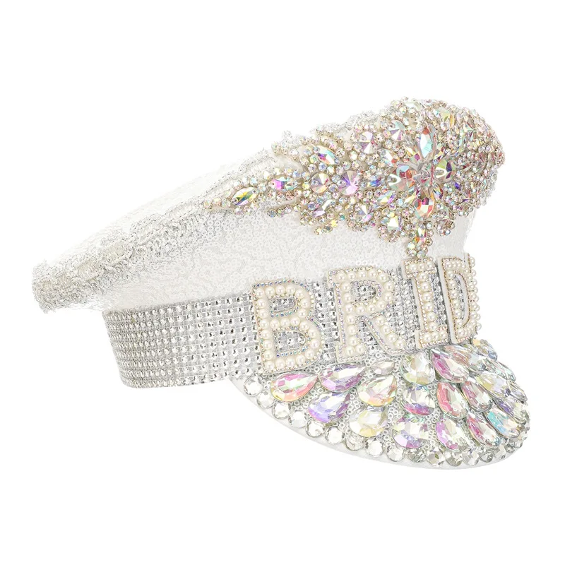 Perle bianche e strass cappello da capitano gotico da sposa copricapo da sposa di lusso Festival Party Club Rave Rock accessori moda