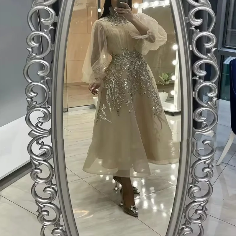 

Customized Champagne High Neck Formal Evening Dresses Long Sleeves Applique Party Prom Gowns Customized robe de soirée 2025