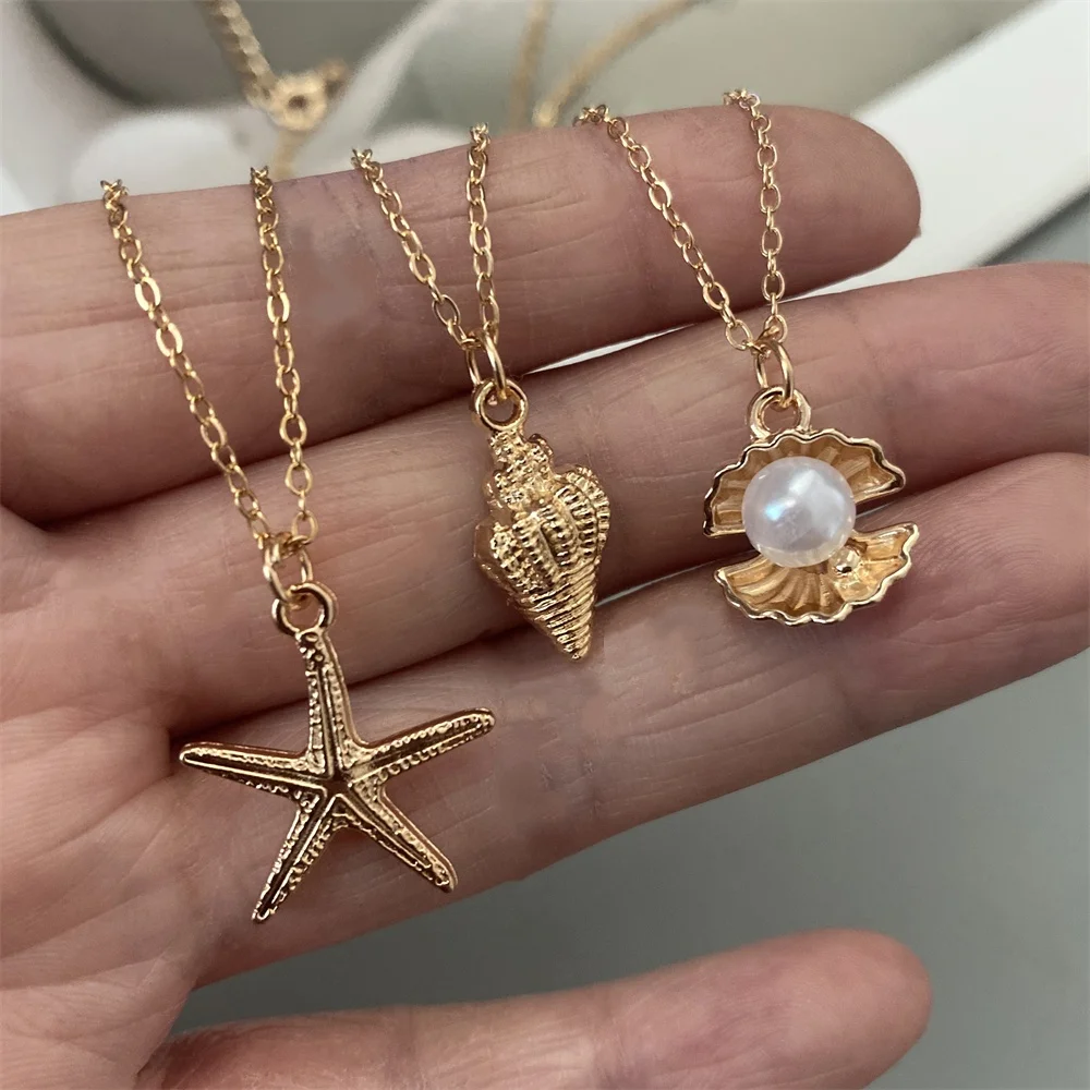 Golden Color Starfish Shell Conch Pendant Necklace Link Chain Gift Neck Jewelry Gift for Beach See Necklace image 2