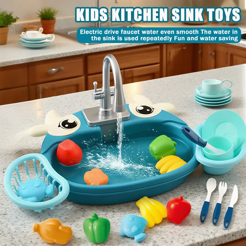 Maison de jeu pour enfants, ensemble de cuisine, simulation de lave-vaisselle, évier, bassin à main, jouets pour enfants, ensemble de jeu électrique à circulation d'eau pour garçons et filles, nouvelle collection