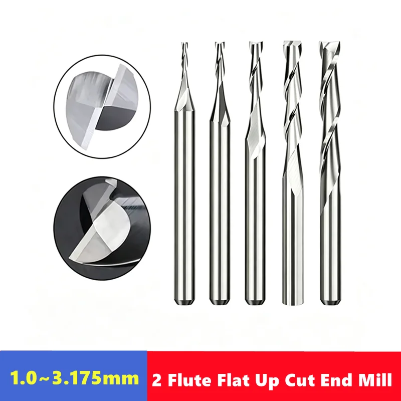 3.175 (1/8') Shank 2 Fluent Flat Up Cut End Mill, 10pcs CNC Milling Cutter for Cutting Wood, Plastic, Acrylic, PVC