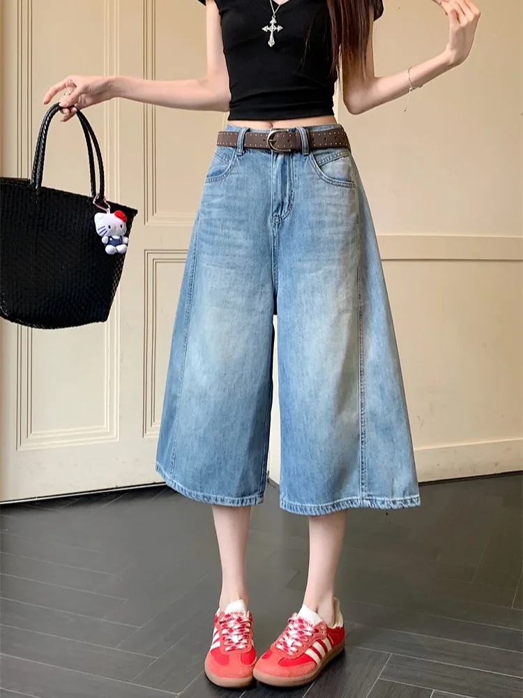 

Blue High Waist Loose Straight Leg Jeans Women's Summer New Style Washed Denim Pants Casual Wide Leg Mid-Length Trousers