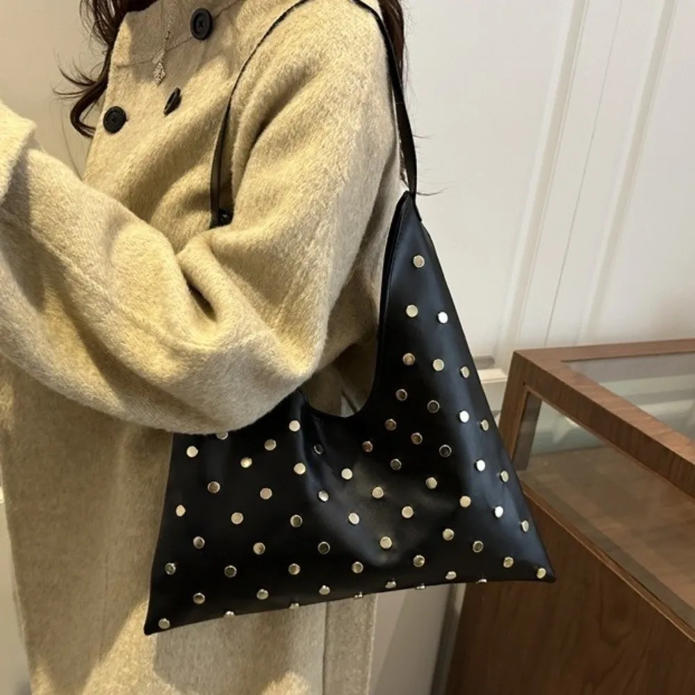 

Large Capacity Rivet Shoulder Bag Lightweight Metal Stud PU Leather Armpit Bag Soft Magnetic Button Underarm Bucket Handbag
