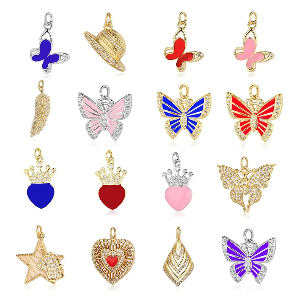 Rainbow Enamel Heart Crown Copper Cubic Zircon Charm Peacock Feather Unicorn Hat Pendant For Bracelet Necklace Making