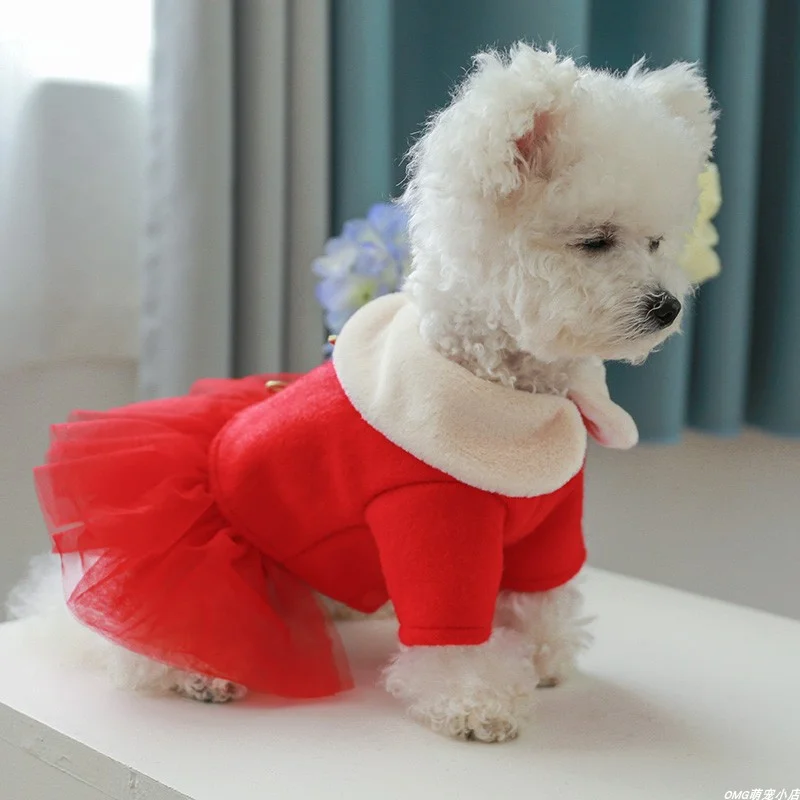 1PC Pet Cat Clothing Autumn Winter Thickened New Year Red Chinese Style Princess Dress Suitable for Small and Medium sized Dogs