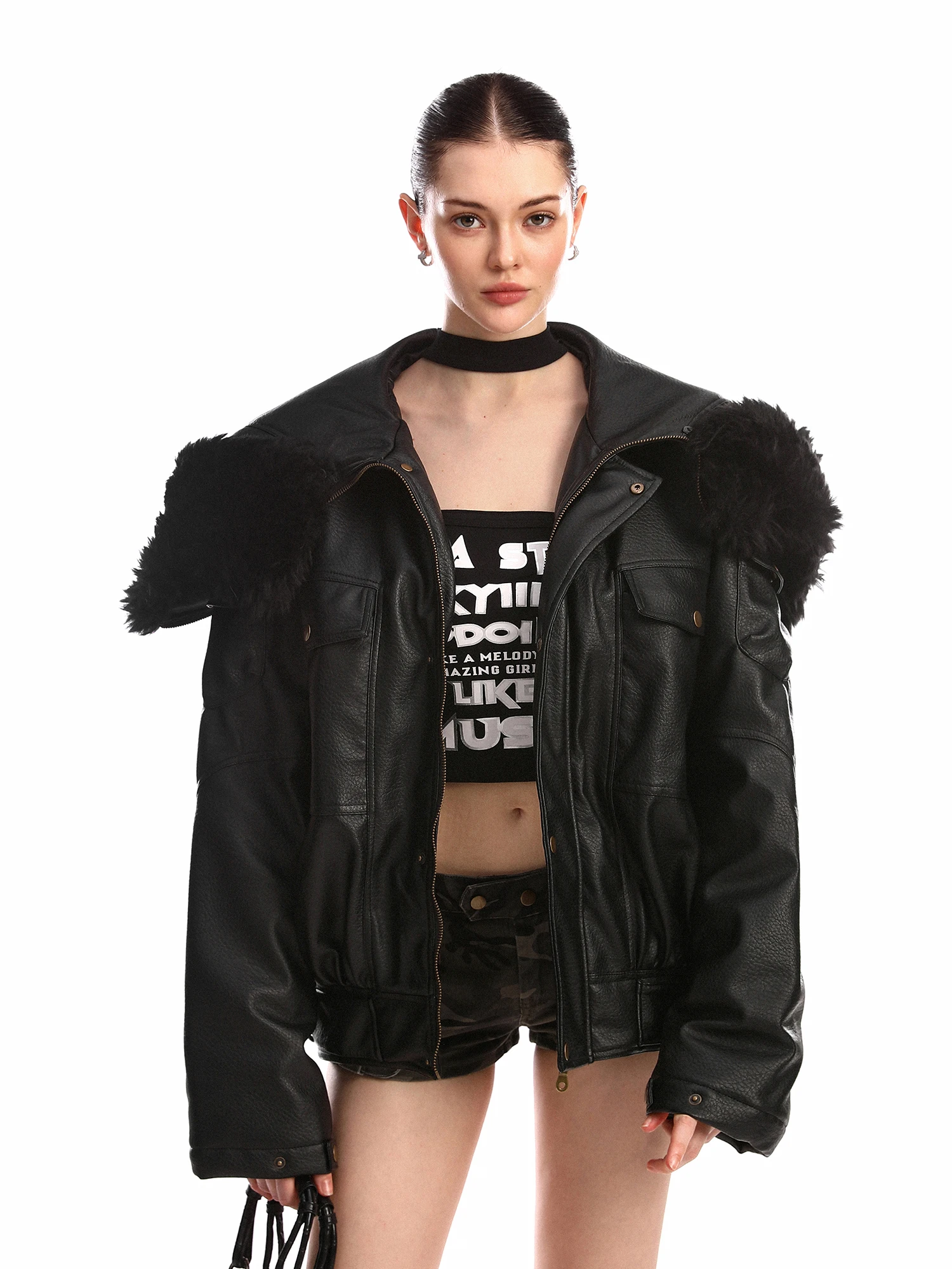 

Thiened Winter Biker Jaet Women's Coat Hooded Cloak Fur Collar Cotton Clothes Street Sle Loose Fit Long Sve Zipper