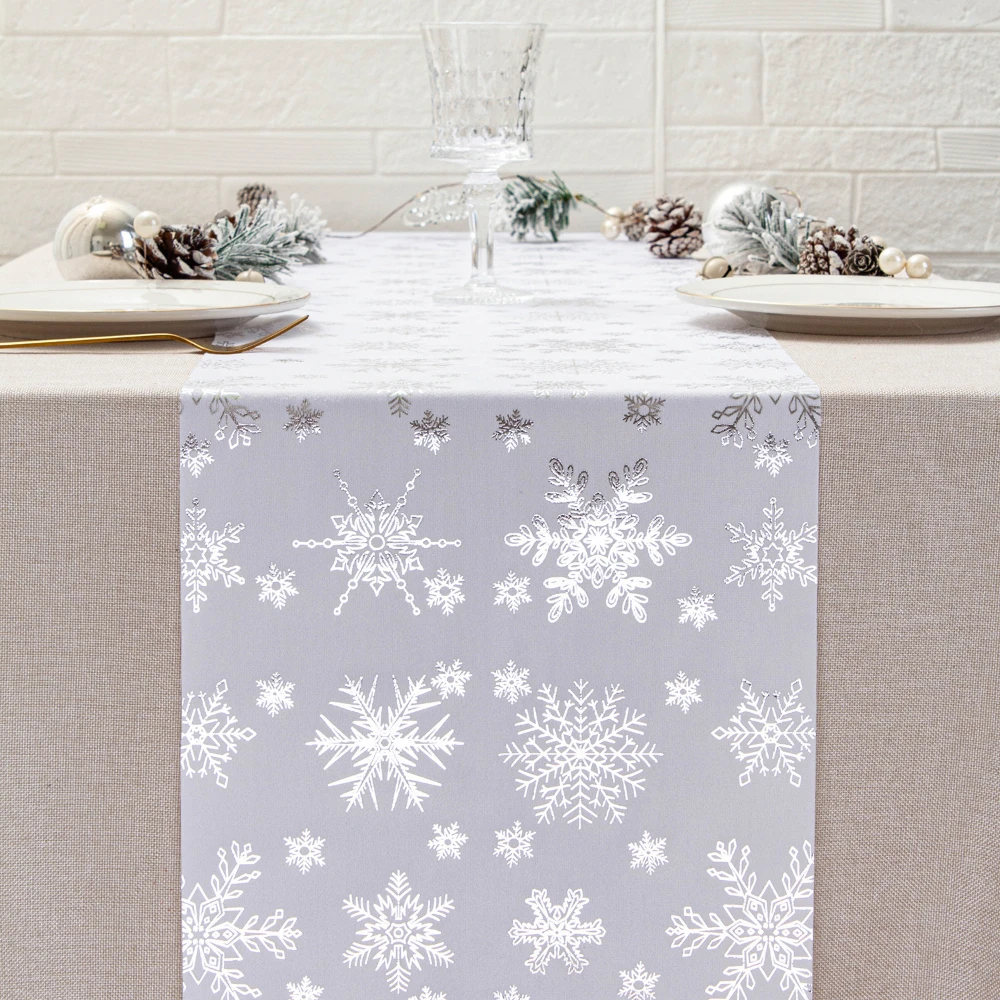Christmas Table Runner Grey Silver Foil Printed Christmas Trees Stars Modern Winter Holiday Kitchen Dining Room Table Decor