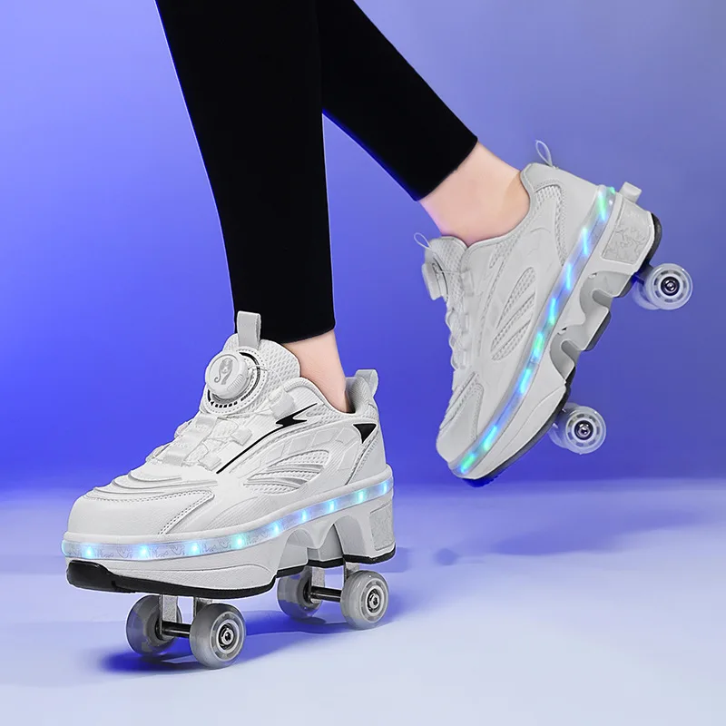 Cool Charging Runaway Shoelace Switch LED Light Shoes Double Roller Skates Children's Adult Sports Shoes