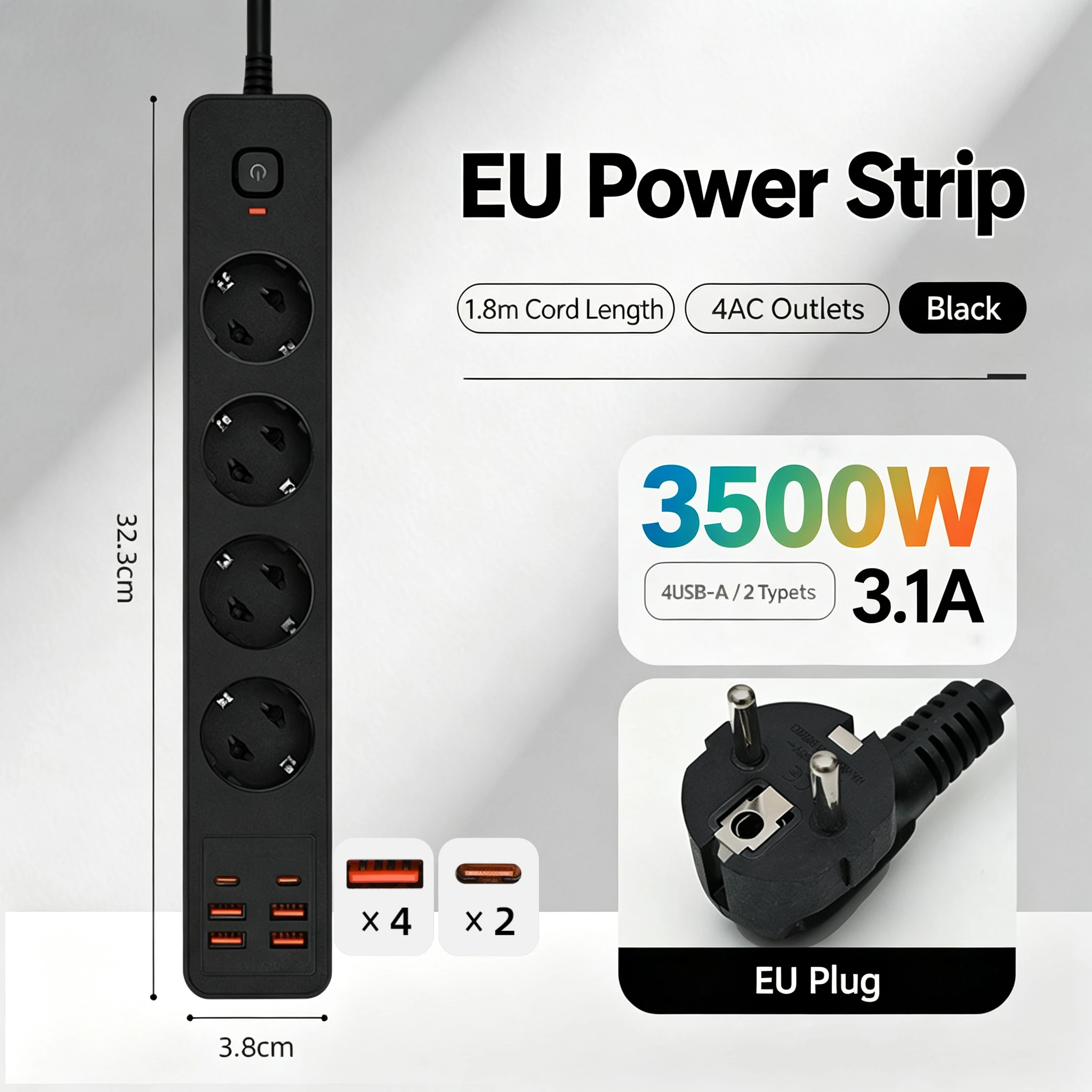 3000W Power Strip EU Plug Socket With Home Remote Control Switch 1.8m Extension Cord Outlet With USB Type-C Ports Charging