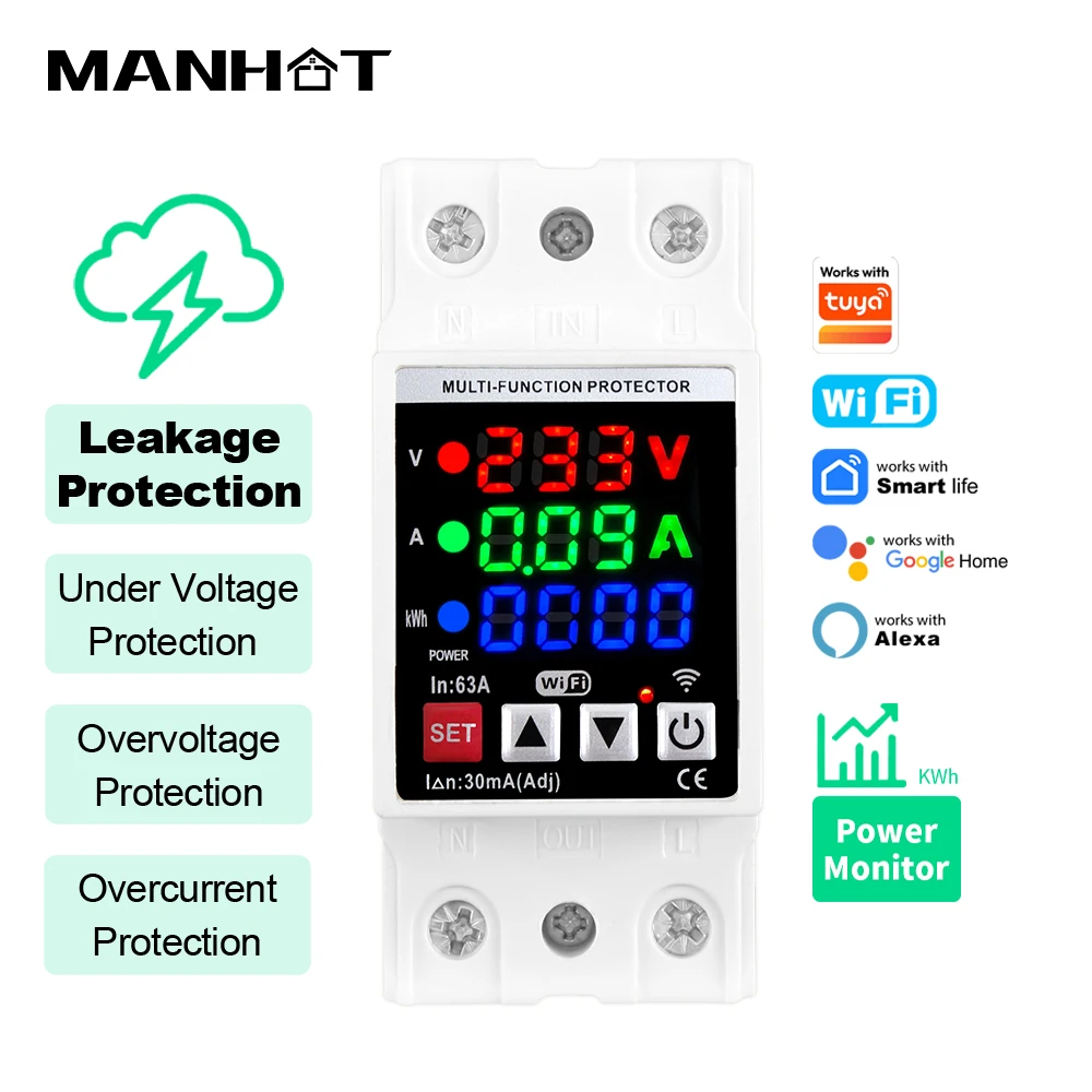 MANHOT 2P Smart Digital Display Circuit Breaker 63A with Leakage/Temperature/Over/Under Voltage Protection Adjustable Current