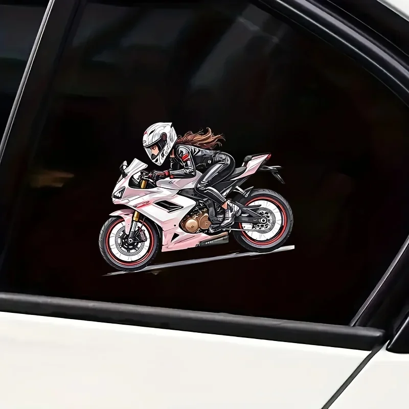 1 Stück einzigartiger Aufkleber mit einem Mädchen, das ein rosa Motorrad fährt, ideal für Wasserflaschen, Rucksäcke, Fahrradrahmen für einen unverwechselbaren Look – Detail 1