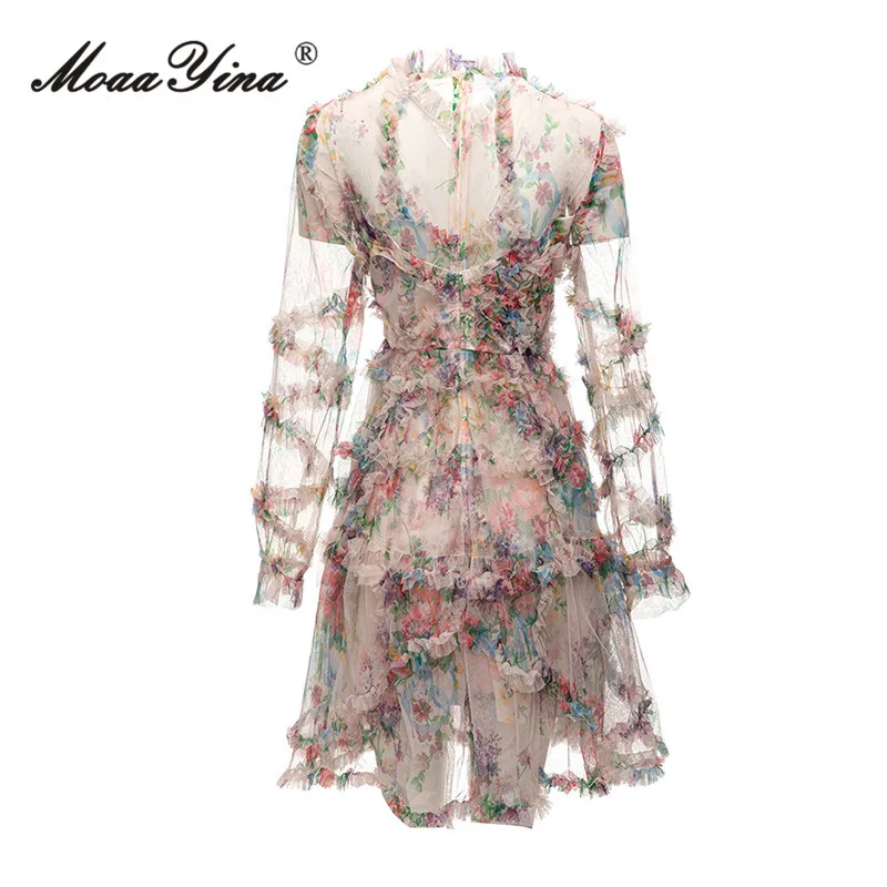 MoaaYina Summer Fashion Designer Elegant Party Dress Women's O-neck Long Sleeve Ruffles High Waist Floral Print Mesh Mini Dress