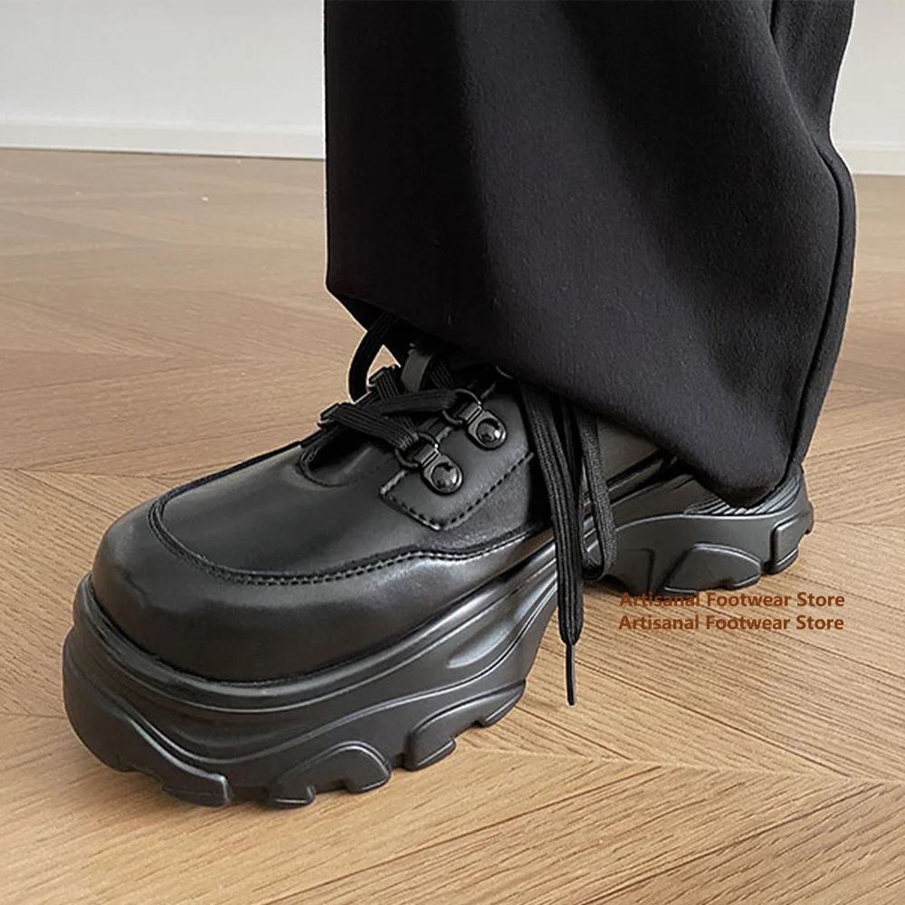 

Thick Soled Height Increasing Derby Shoes for Men Black Leather Lace Up Casual Shoes Trendy New In Big Round Toe Men's Shoes