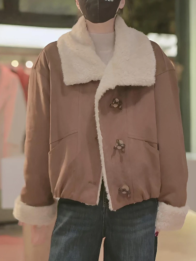 Retro Collar Thickened Warm PU Leather Jacket Women's Winter New Style Large Collar Fleece Lined Short Coat Korean Style