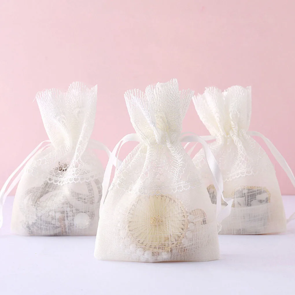 New 1PC/5PCS 14*10CM Wedding Candy Drawstring Bag Lace Jewelry Dried Flowers Storage Bag Slub Yarn Gift Pouch