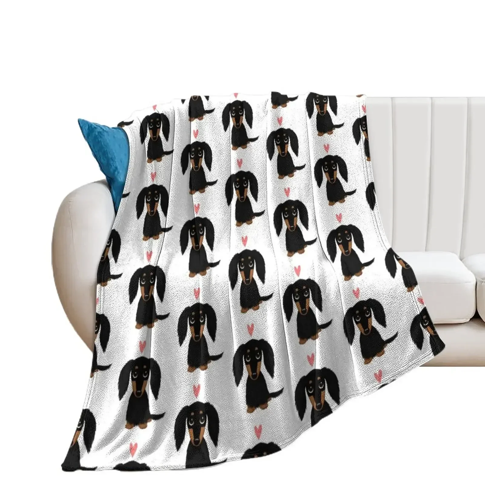 

Black and Tan Longhaired Dachshund Cartoon Dog with Heart Throw Blanket warm winter cosplay anime Bed Fashionable Blankets