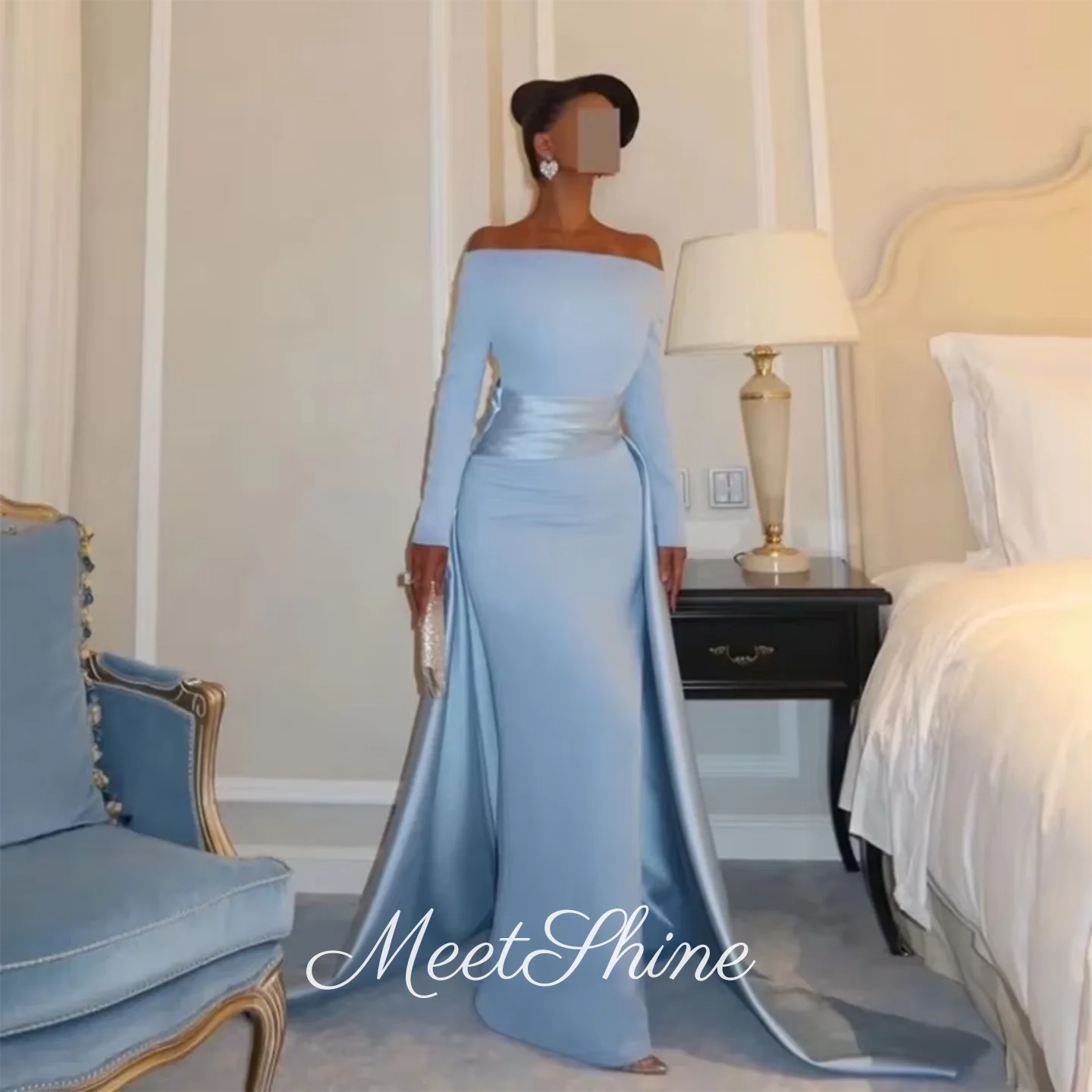 

Элегантное синее атласное платье русалки с открытыми плечами для выпускного вечера, женское вечернее платье в пол в Саудовской Аравии, вечернее платье по индивидуальному заказу