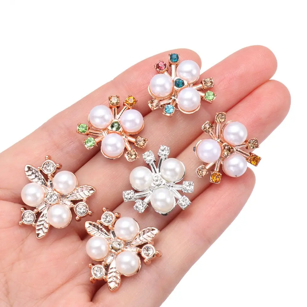 10PCS Sparkling Flower-shaped Crystal Pearl Button Headwear Clip Pearl Hairpins Rhinestone Buttons