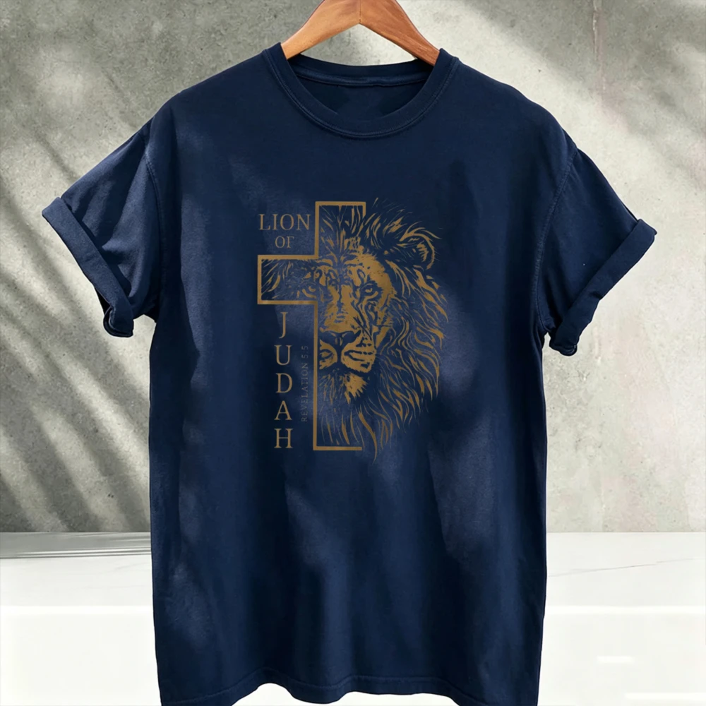 Lion of Judah Cross Vintage Gold Graphic T Shirt Men Christian Faith Lion Print Casual Cotton Short Sleeve Crew Neck Streetwear