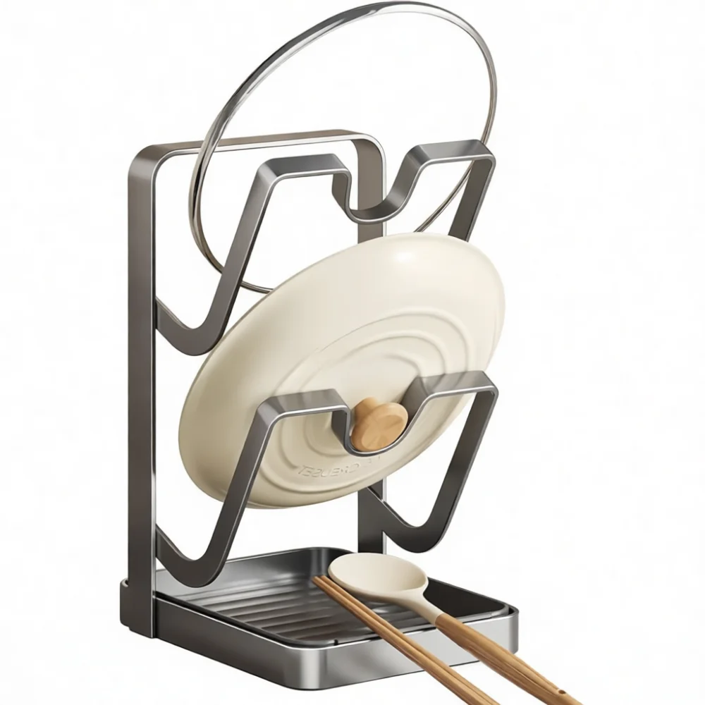 Vertical Pan Cover Rack Kitchen Organizer Stand Spoon Rest Cutting Board Holder Space Saving Counter Storage Shelf