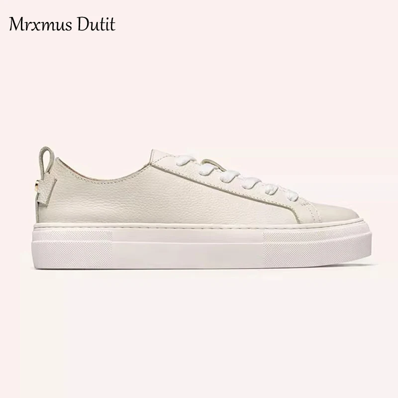 Mrxmus Dutit2024 New Spring Autumn Genuine Leather Women Lacing Basic White Flat Shoes Casual Solid Color Simple All-match Femme