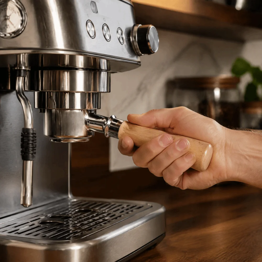 51mm Diameter Bottomless Coffee Portafilter 2 Ears Design Wood Handle Single Layer Portafilter Circular Filter Screen