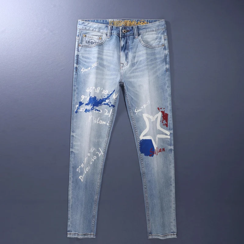 

Street Designer Fashion Men Jeans Y2K Retro Light Blue Stretch Slim Fit Ripped Jeans Men Printed Hip Hop Vintage Denim Pants
