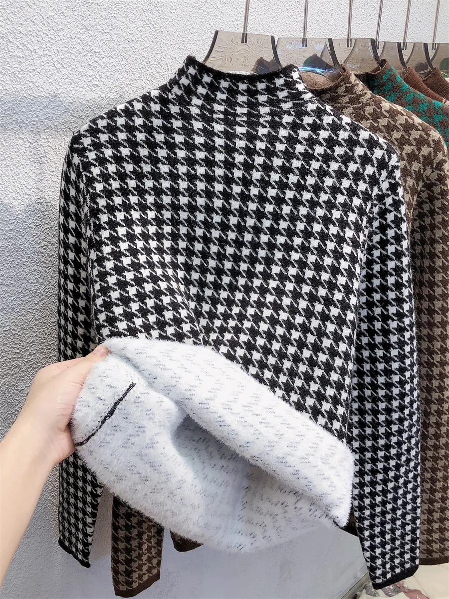 Houndstooth Half High Collar Warm Sweater Women\'s Autumn Winter Plush Thick Basic Shirt 2024 New Retro Long Sleeved Slim Top