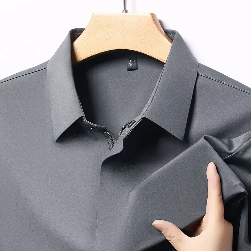 Men Business Casual Stretch Wrinkle Resistant Zipper Lapel Short Sleeve Shirt Daily Commute Leisure Wear