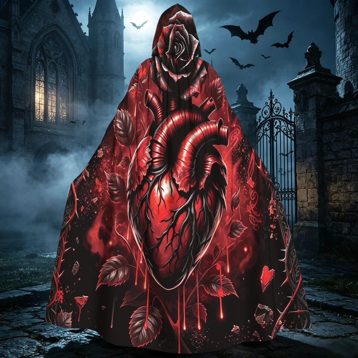1pc Hooded Long Cloak, Anatomical Heart with Dark Rose and Thorny Vine Gothic Pattern Print Cosplay Cape, Halloween Carnival