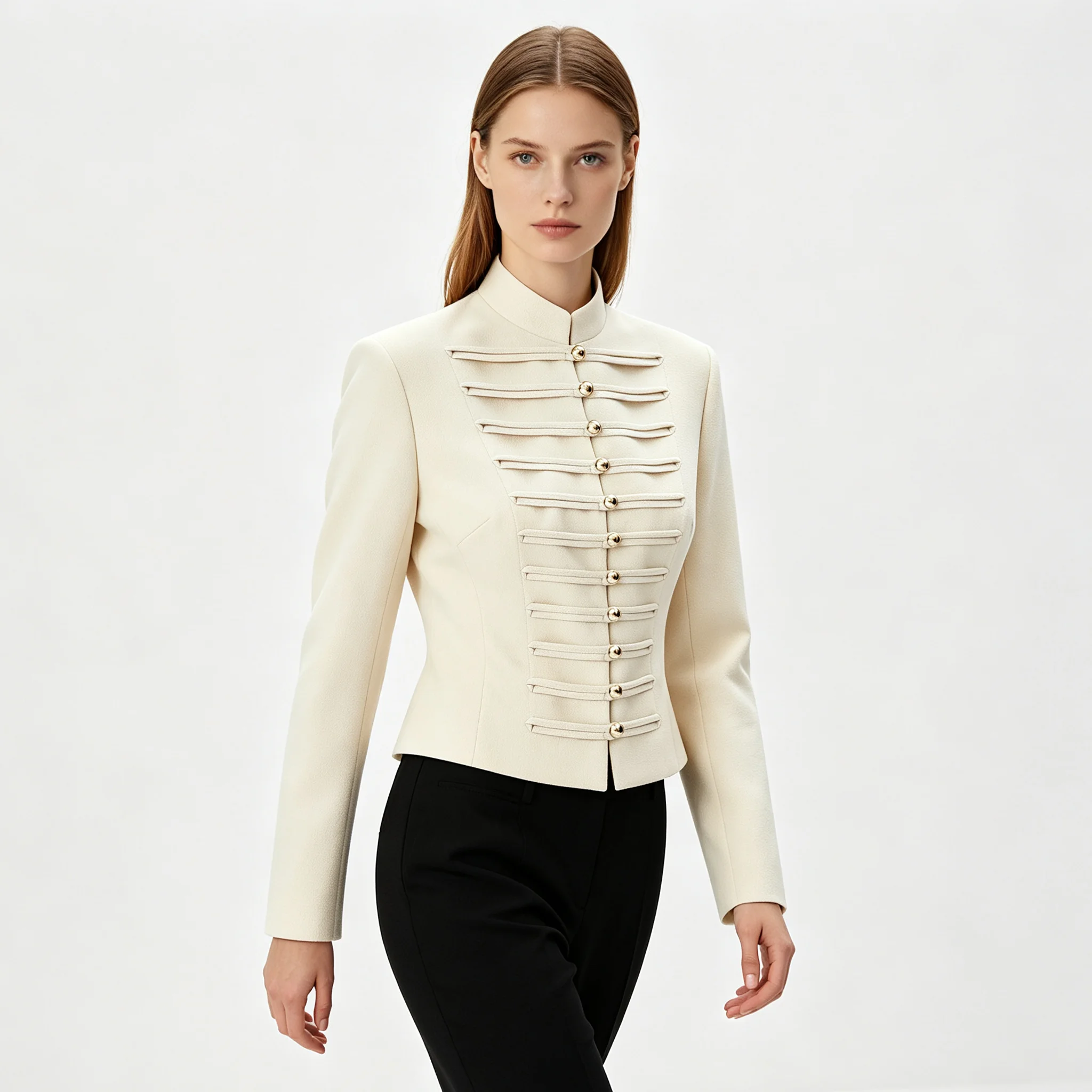 PUAL  2026 Women Stand Collar Cropped Blazer, Slim Fit Multi Gold Button Vintage Military Short Jacket, Elegant Office Outerwear
