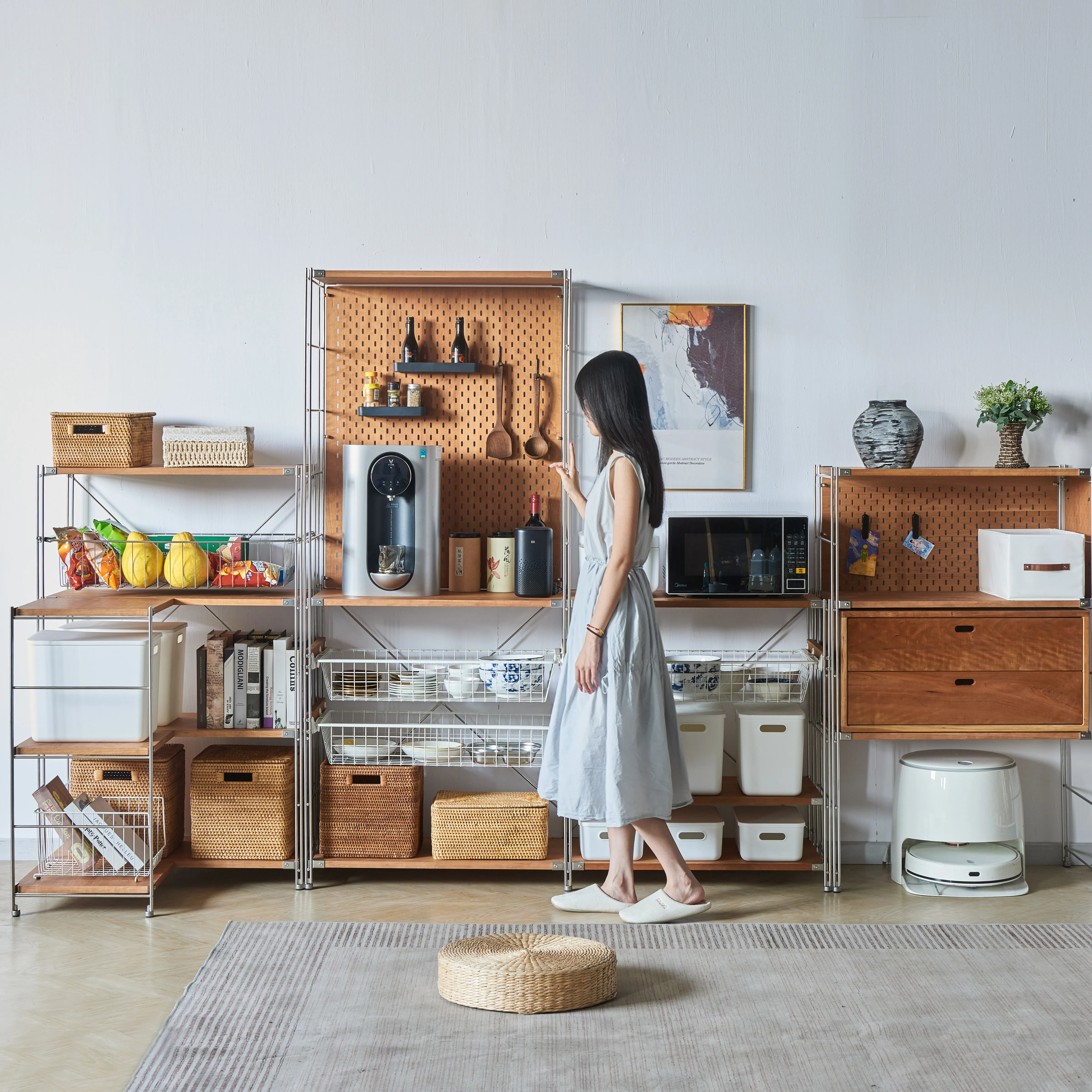 

HYS storage rack kitchen stainless steel solid wood storage rack floor-standing sideboard rack