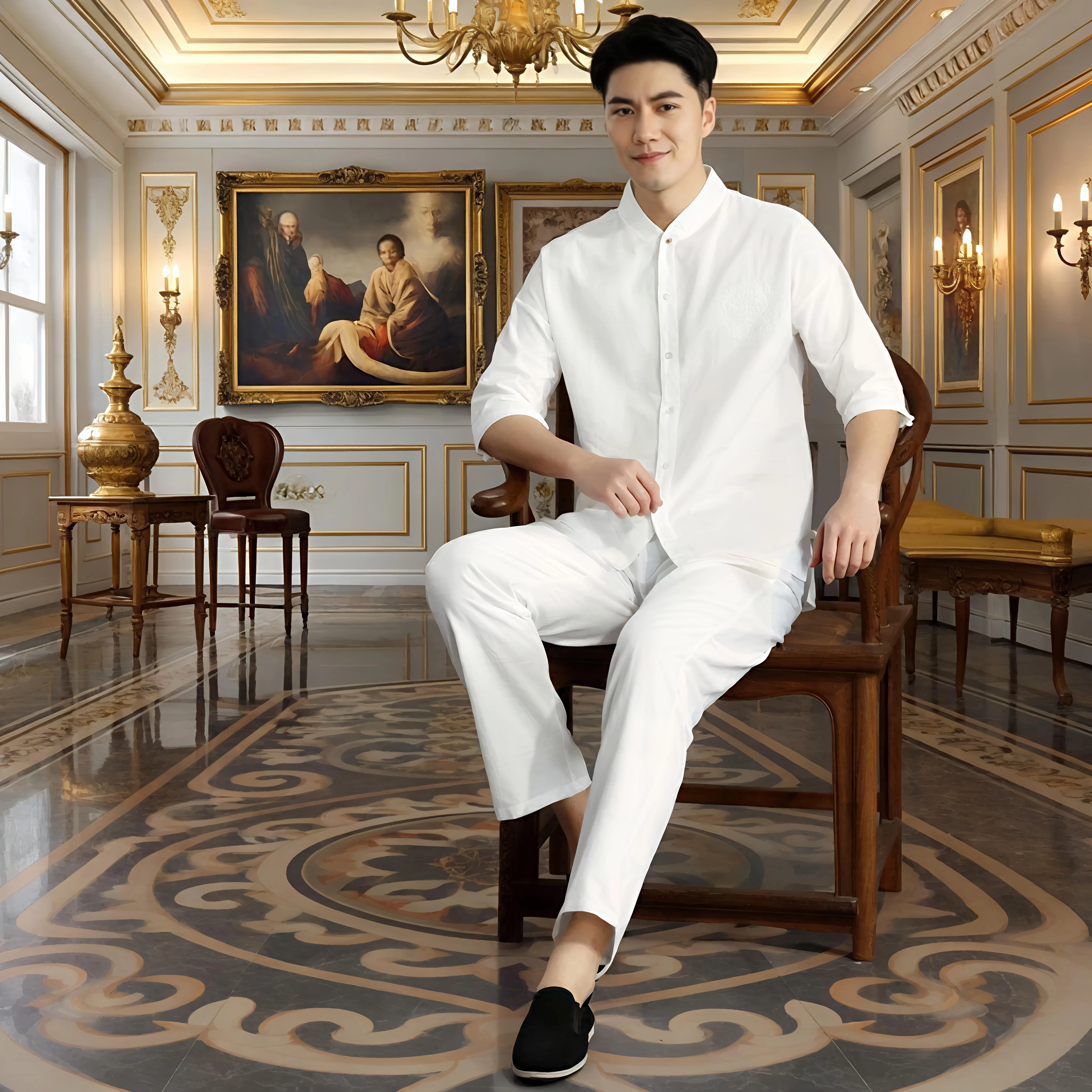 

Quiet Luxury Men Linen Cotton Two-Piece Set Mandarin Collar Shirt & Drawstring Pant Suit with Embroidery Navy/White/Khaki