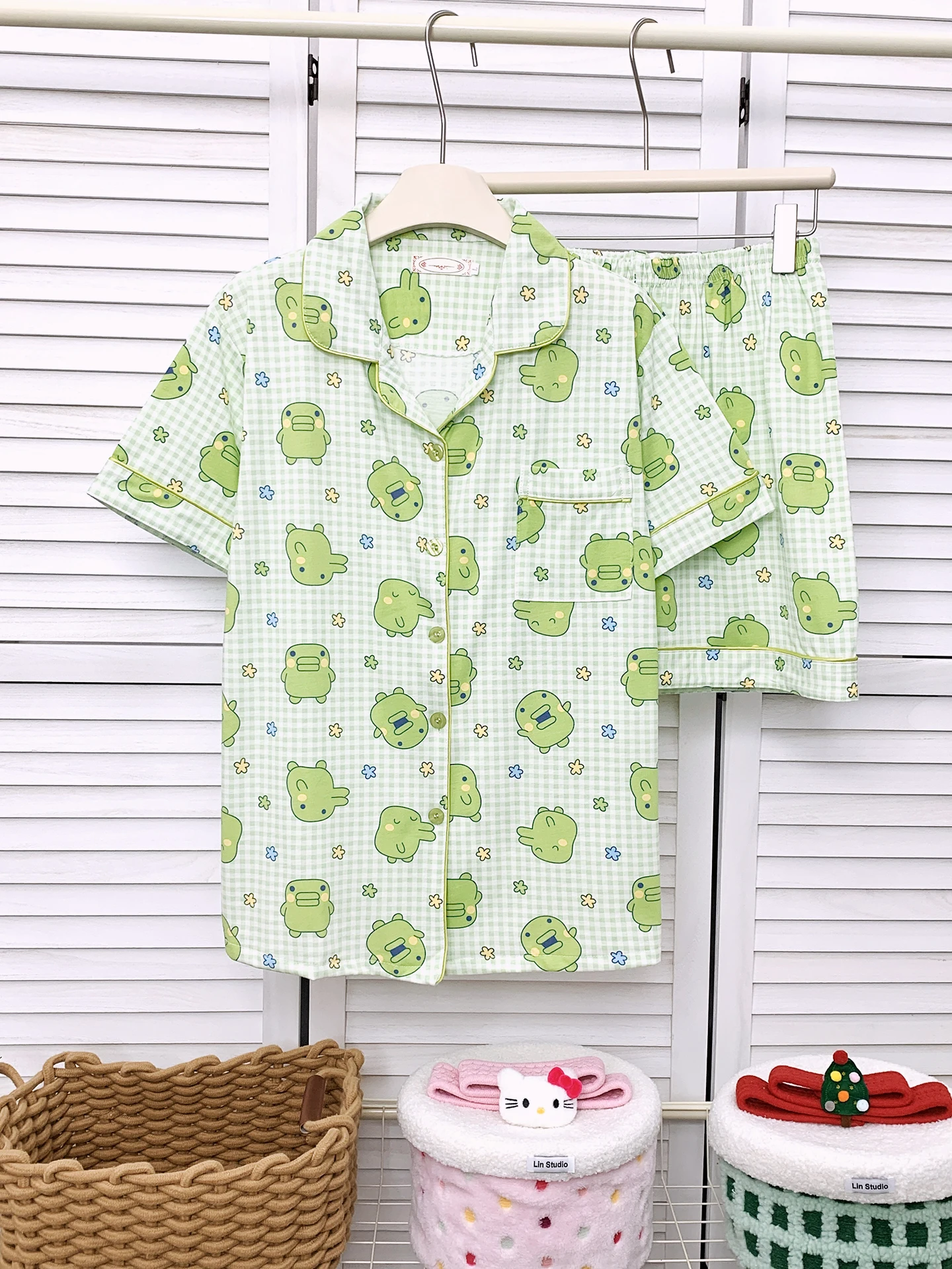 

Green Plaid Short Sleeve Cotton Pajamas Women's Summer Home Clothes Cute Cartoon Print Sleepwear Comfortable Breathable