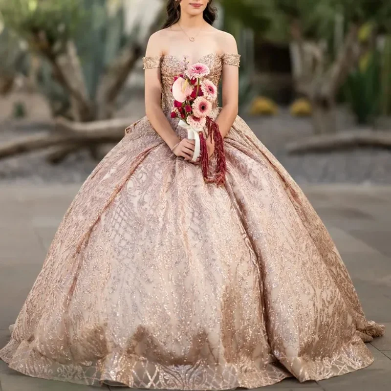 

Shiny Champagne Quinceanera Dresses Off the Shoulder Glitter Decal Lace Long tail Bow Vestido 15 Quinceanera Customized