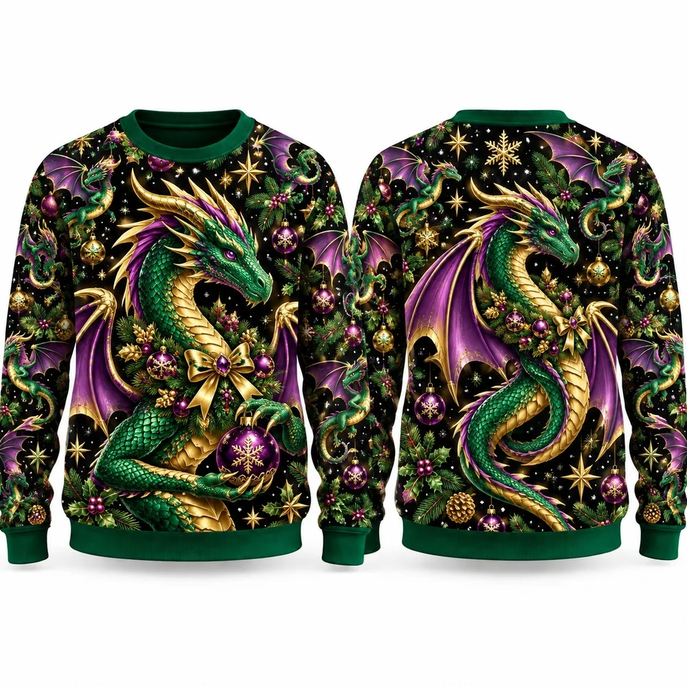 Christmas Dragon Ugly Christmas Sweater for Men Women Festive Holiday Party Crewneck Pullover Long Sleeve Funny Sweaters