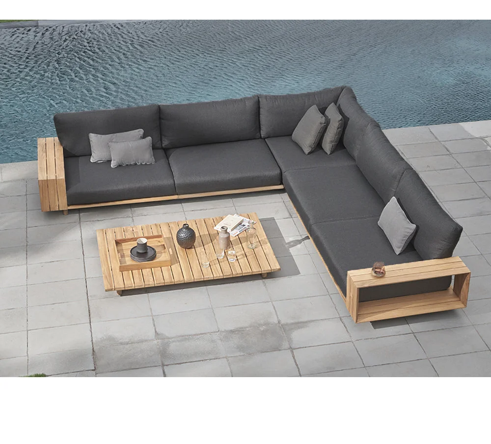 Modern Teak Wooden Sofa Outdoor Double Chaise Lounge Sets Grey & Black Patio Sofas Outdoor Furniture