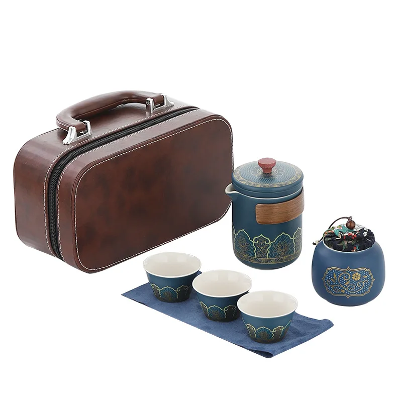 Travel Tea Set with Leather Box, Carry-on Tea Set, Portable, Activity Gift, Business, Chinese Gift, Kung Fu Tea Cup Set