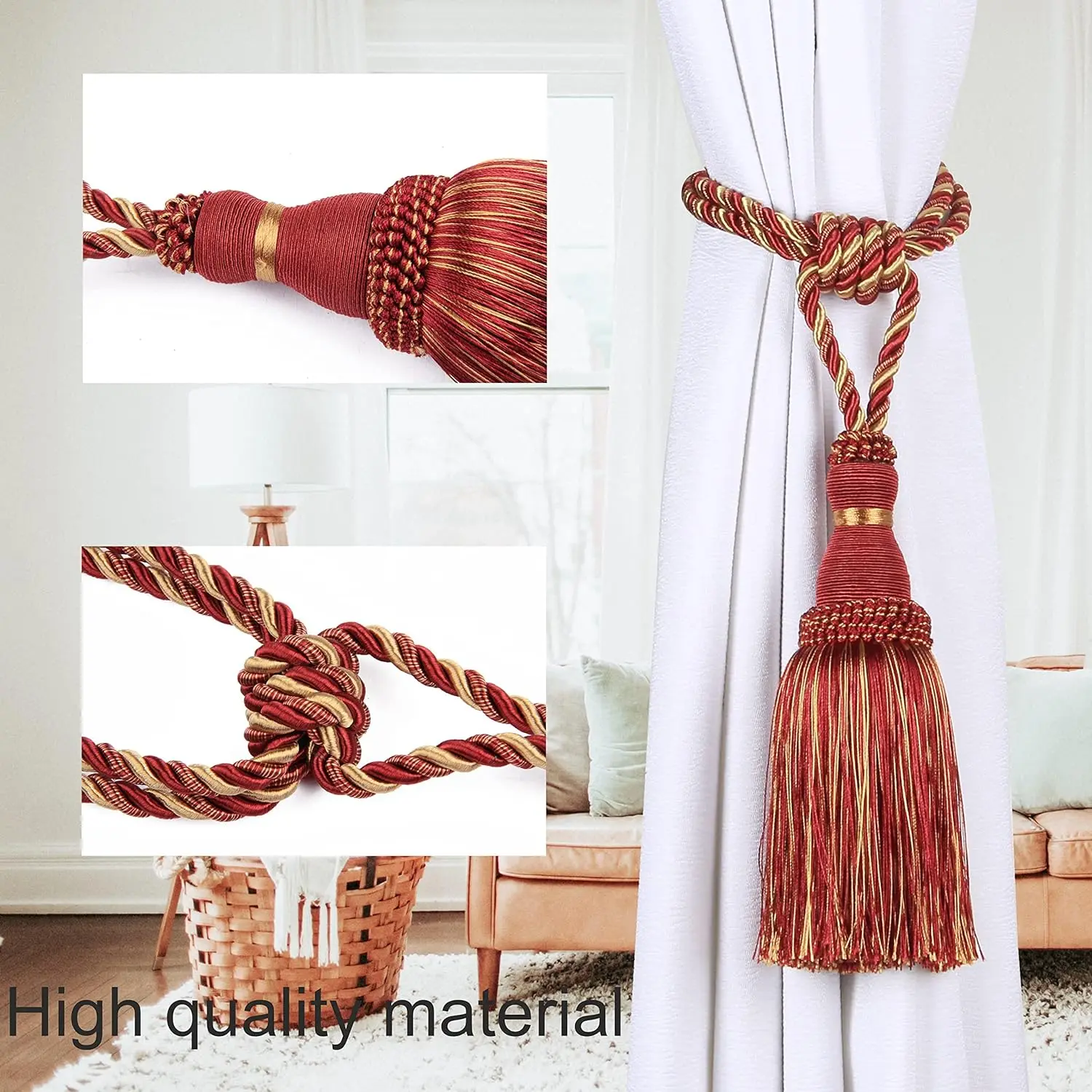 1&2Pcs Decorative Curtain Tiebacks Handmade Elegant Rope Ties Tassels Holdbacks for Drapes Decor Room Accessories Curtain Holder