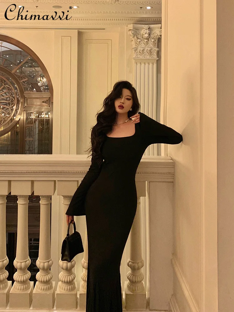 

French Elegant Retro Square Neck Flare Long Sleeve High Waist Slim Bodycon Black Fishtail Long Evening Dress For Women Autumn