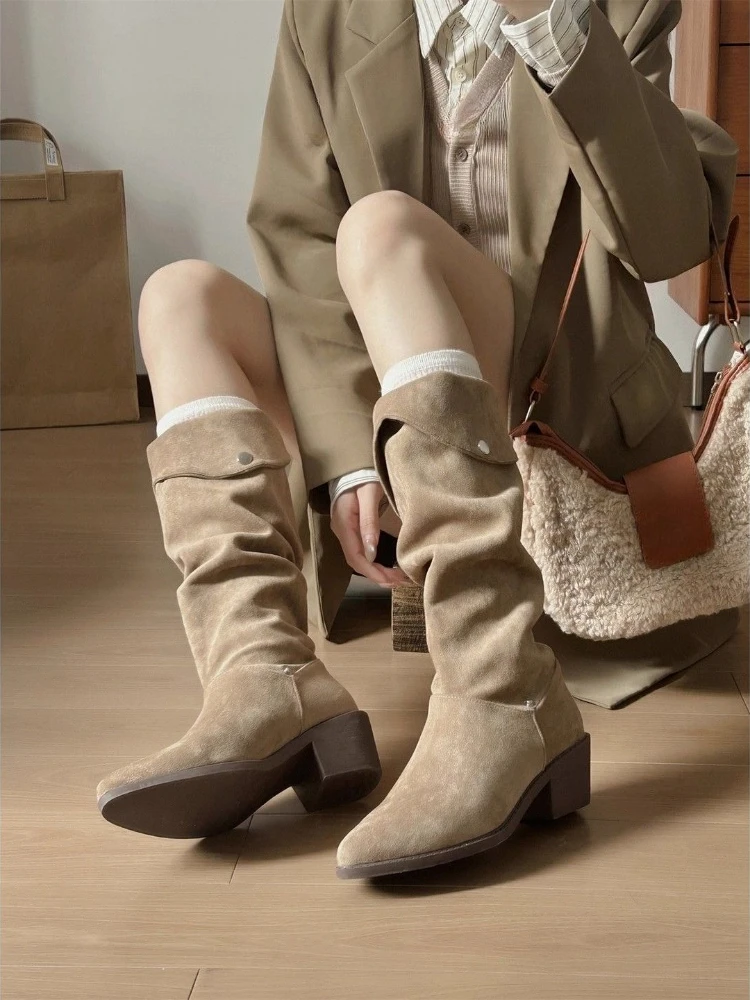 Vintage Western Cowboy Boots Women V Neck Pointed Toe Chunky Heel Knee High Riding Boots Autumn Winter Slouch Long Boot