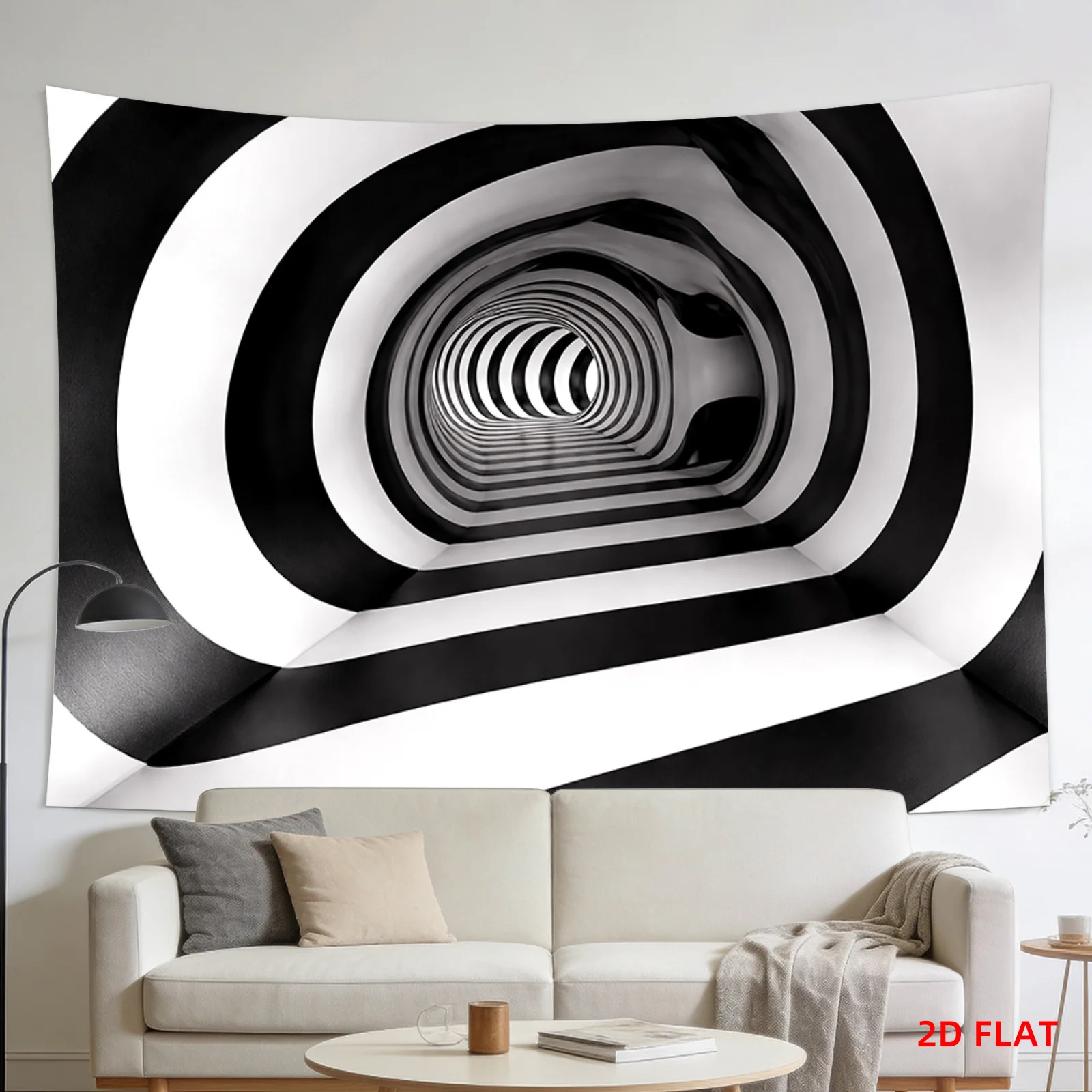 Modern Abstract Op Art Optical Illusion Wall Tapestry Geometric Tunnel Design Monochrome Black White Hanging Canvas Print Minima