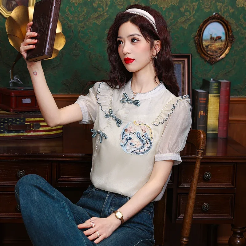 Chiffon Chinese Style Women Blouses Summer Women's Shirts Loose Short Sleeves Tops O-neck Korean Clothing Sales