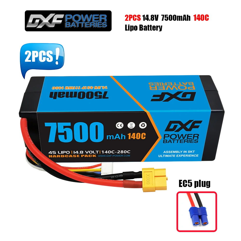 2PCS DXF 4S Lipo Battery 14.8V 7500mAh 140C with XT60 EC5 TRX T/DEANS XT90/XT90s XT150 HardCase For 1/8 Buggy RC Car Airplane