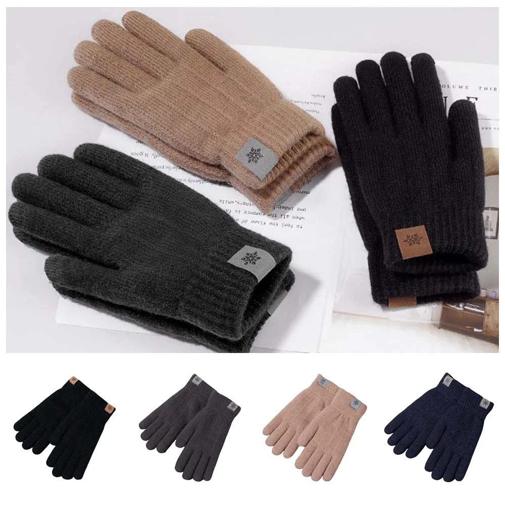 

Fashion Thicken Wool Mittens Touch Screen Solid Color Knitted Gloves Elastic Plush Men Mittens Business